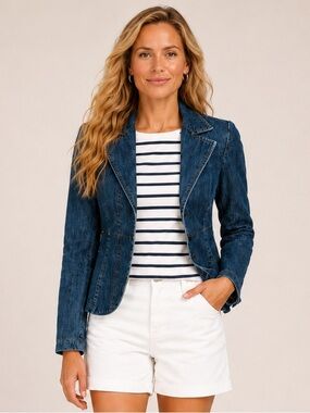Tommy Hilfiger Denim Blazer Fitted Jacket Snap Front Preppy Chic Size S